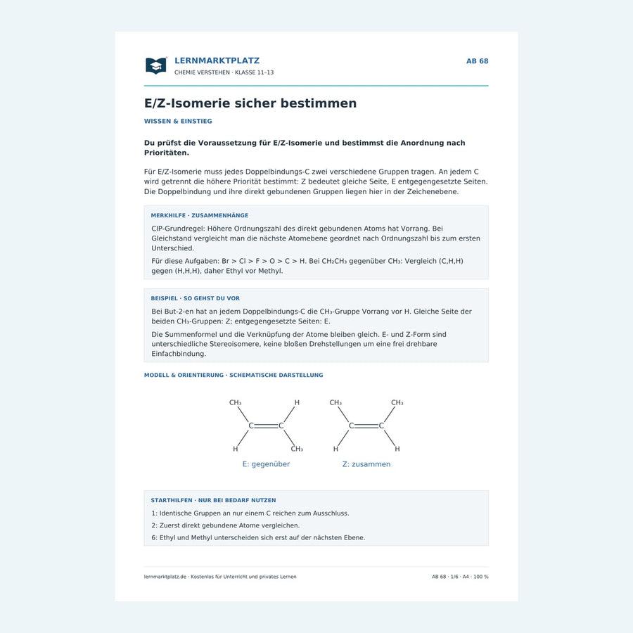 E/Z-Isomerie sicher bestimmen – Vorschau des Chemie-Arbeitsblatts