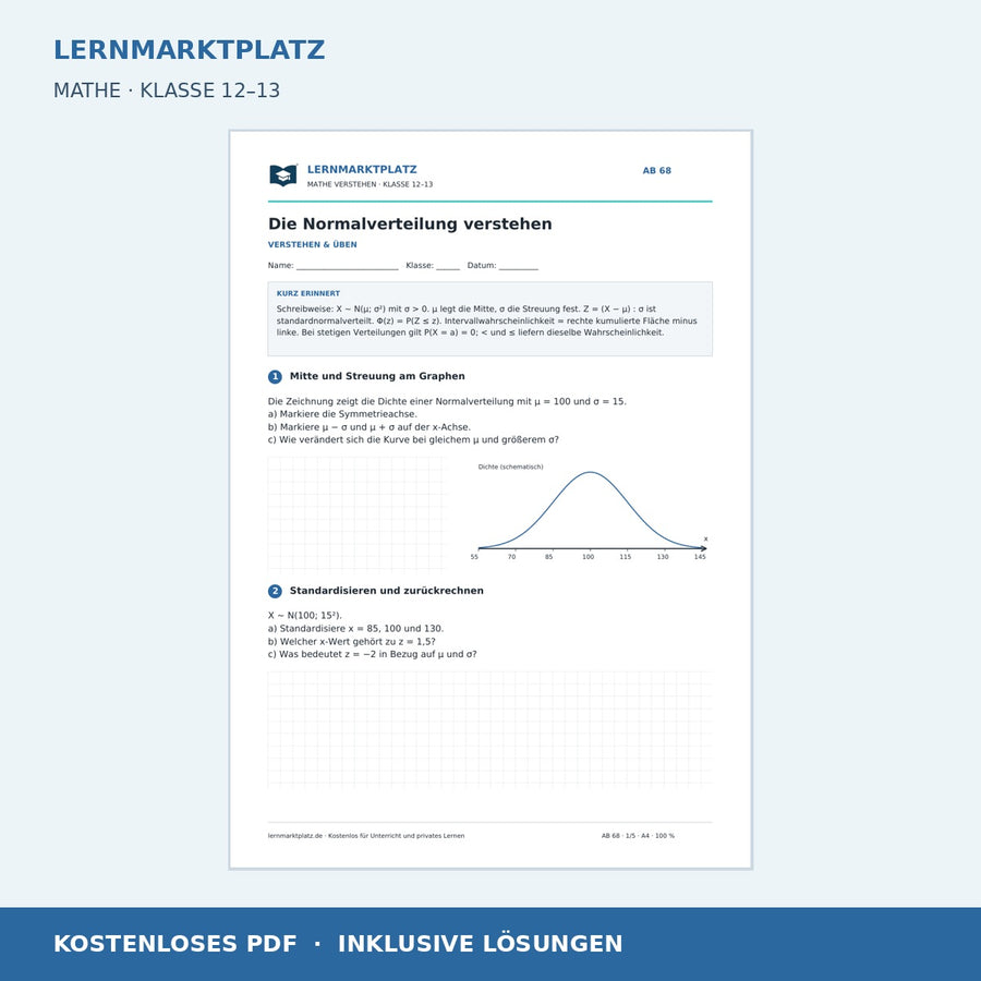 Die Normalverteilung verstehen – kostenloses Mathe-Arbeitsblatt mit Lösungen (PDF)