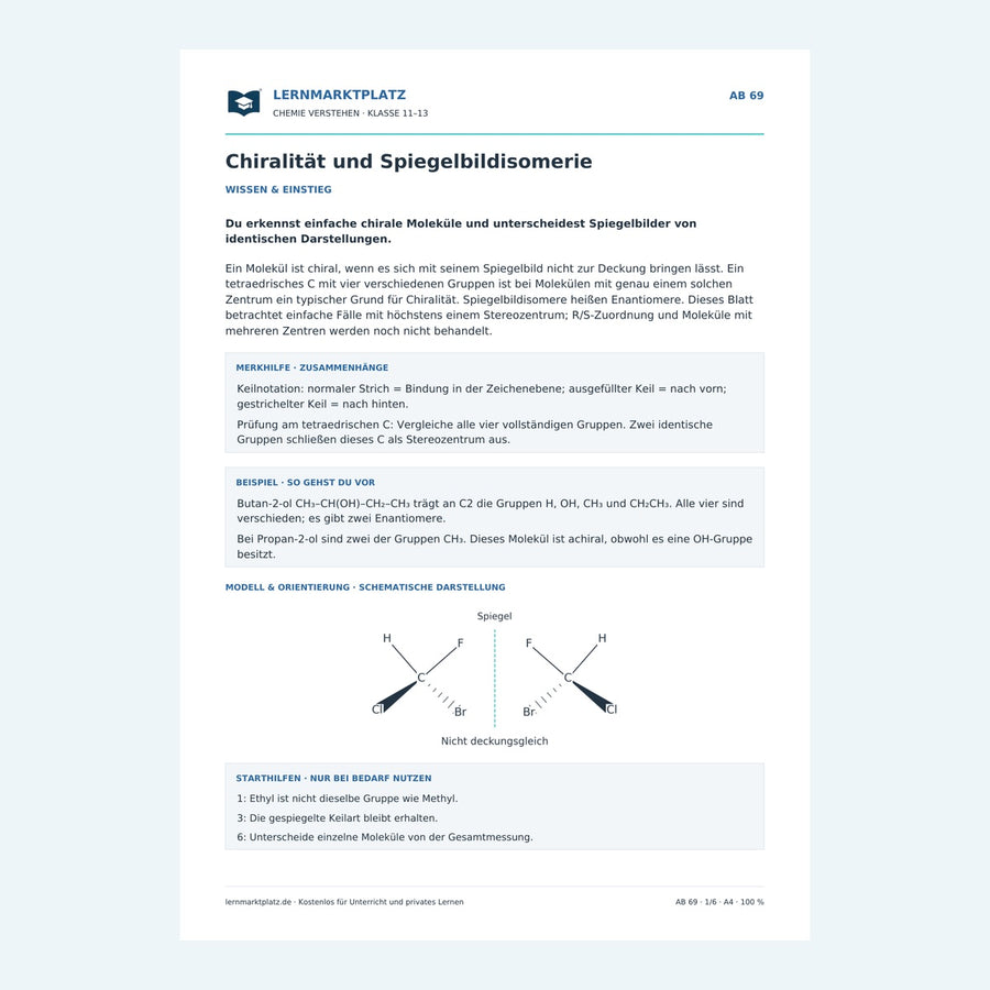 Chiralität und Spiegelbildisomerie – Vorschau des Chemie-Arbeitsblatts