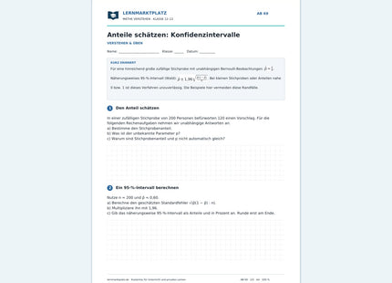 Anteile schätzen: Konfidenzintervalle – kostenloses Mathe-Arbeitsblatt mit Lösungen (PDF)