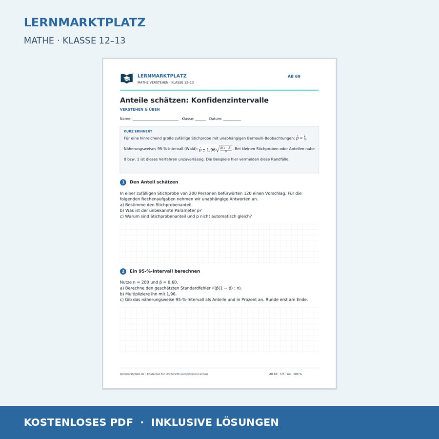 Anteile schätzen: Konfidenzintervalle – kostenloses Mathe-Arbeitsblatt mit Lösungen (PDF)
