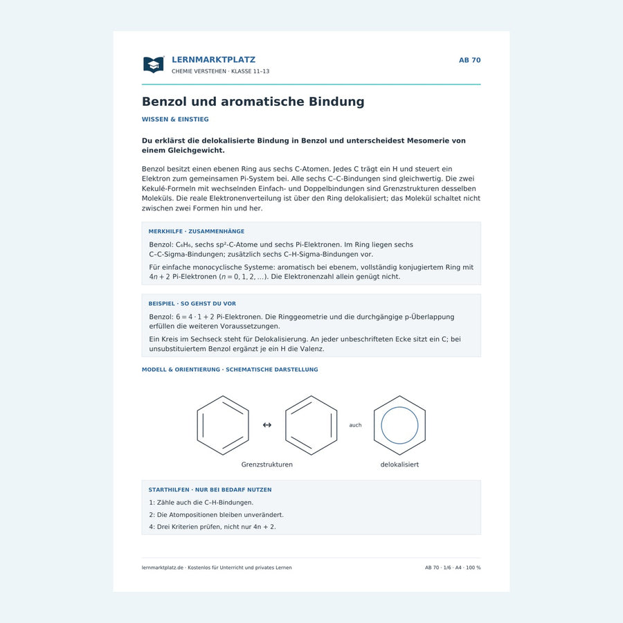 Benzol und aromatische Bindung – Vorschau des Chemie-Arbeitsblatts