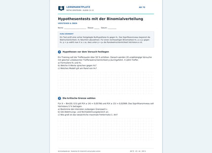 Hypothesentests mit der Binomialverteilung – kostenloses Mathe-Arbeitsblatt mit Lösungen (PDF)