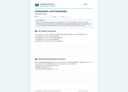 Fehlerarten und Teststärke – kostenloses Mathe-Arbeitsblatt mit Lösungen (PDF)