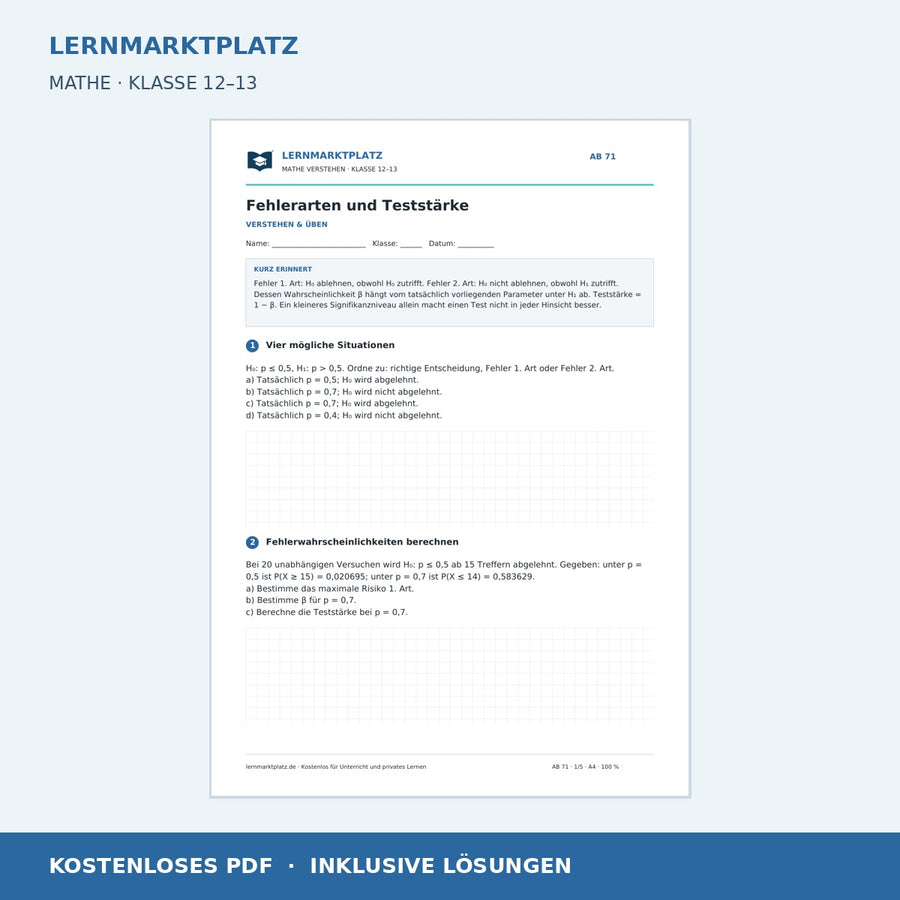Fehlerarten und Teststärke – kostenloses Mathe-Arbeitsblatt mit Lösungen (PDF)