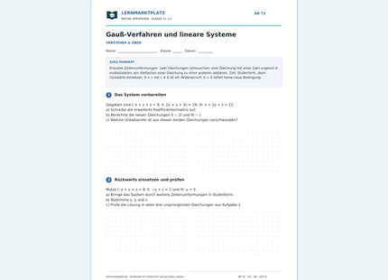 Gauß-Verfahren und lineare Systeme – Vorschau des kostenlosen Arbeitsblatts mit Lösungen für Klasse 11–13