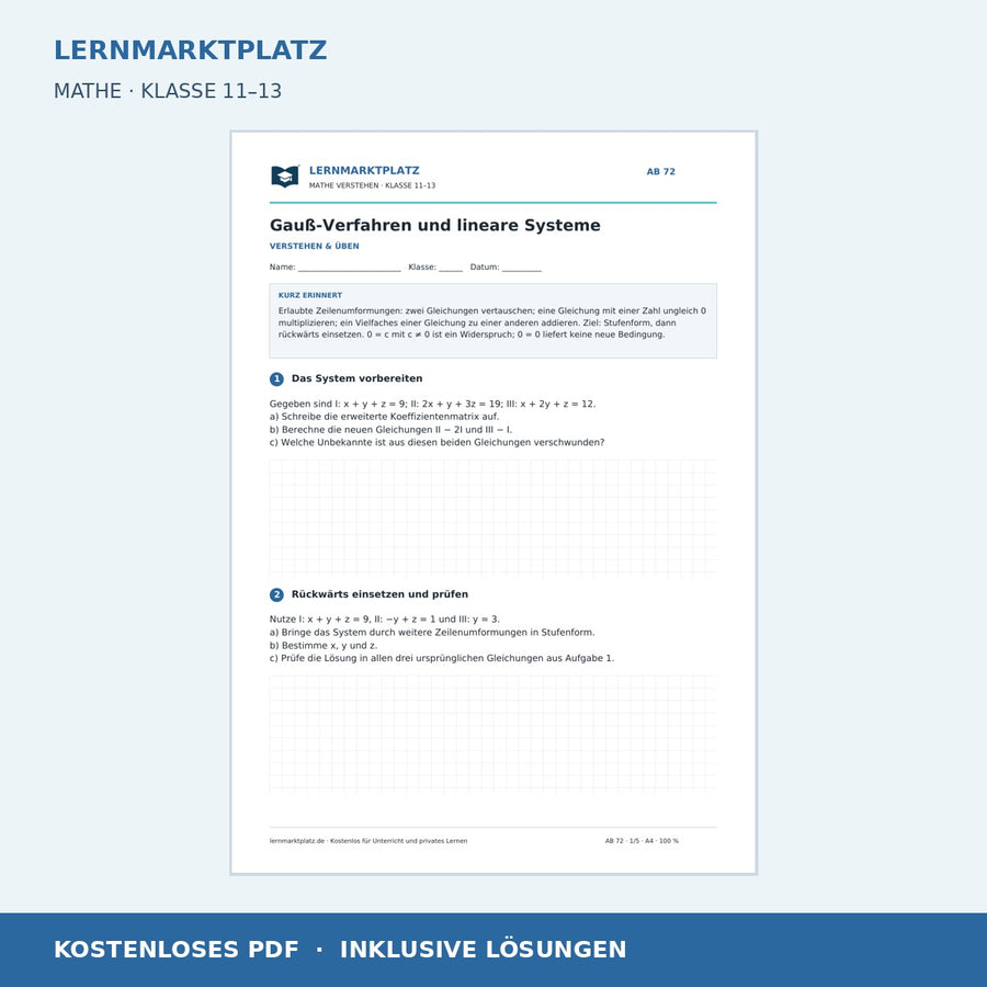 Gauß-Verfahren und lineare Systeme – Vorschau des kostenlosen Arbeitsblatts mit Lösungen für Klasse 11–13