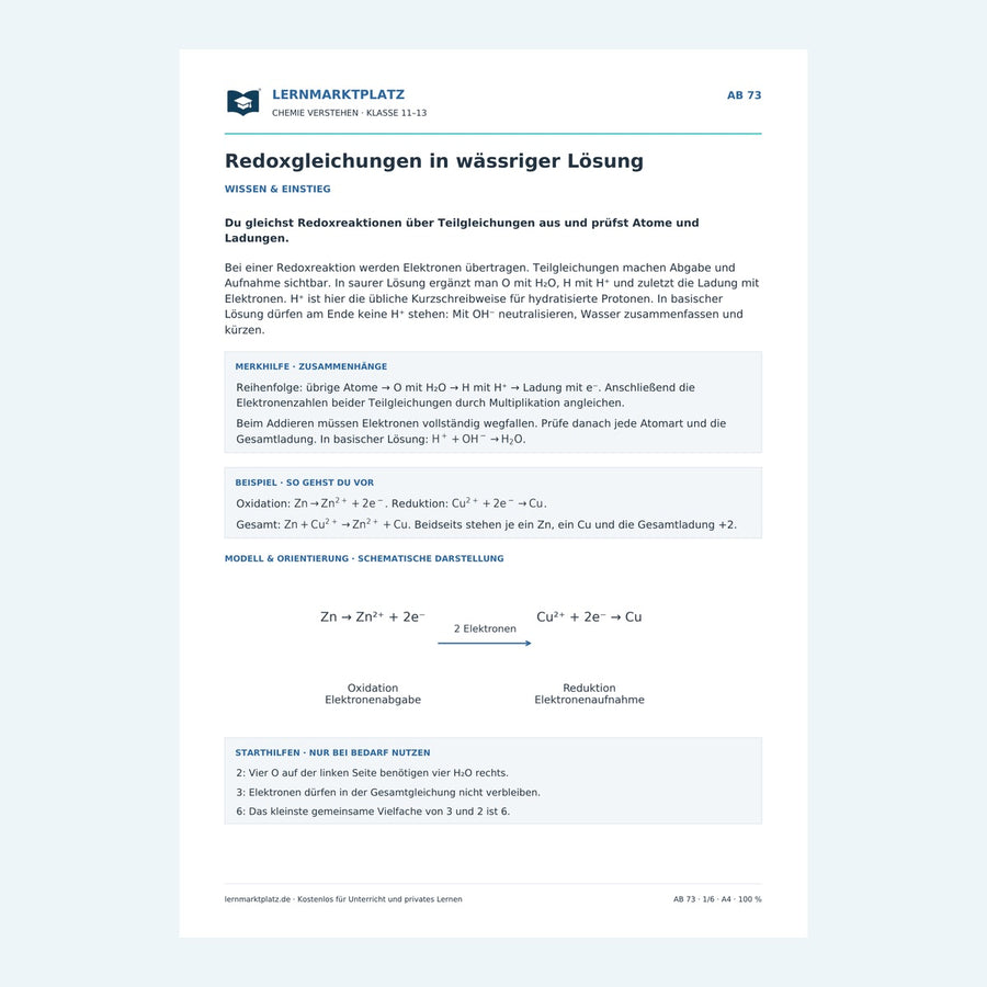 Redoxgleichungen in wässriger Lösung – Vorschau des Arbeitsblatts