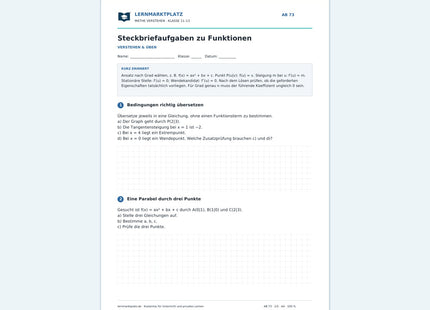 Steckbriefaufgaben zu Funktionen – Vorschau des kostenlosen Arbeitsblatts mit Lösungen für Klasse 11–13