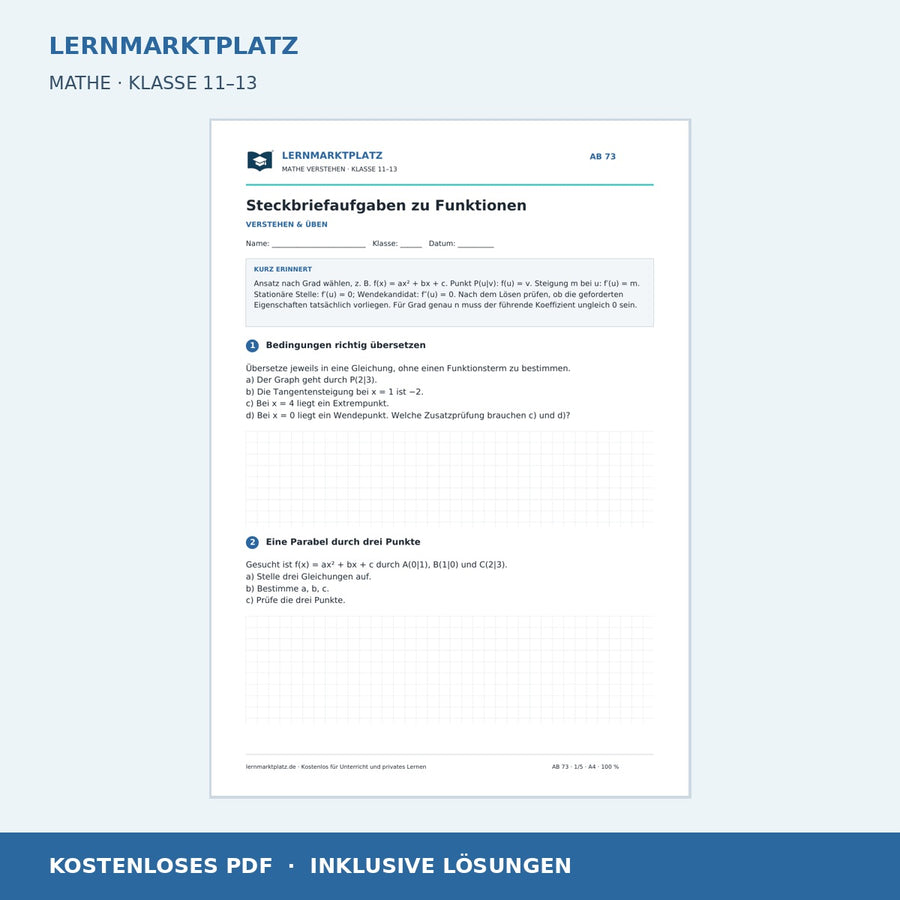 Steckbriefaufgaben zu Funktionen – Vorschau des kostenlosen Arbeitsblatts mit Lösungen für Klasse 11–13