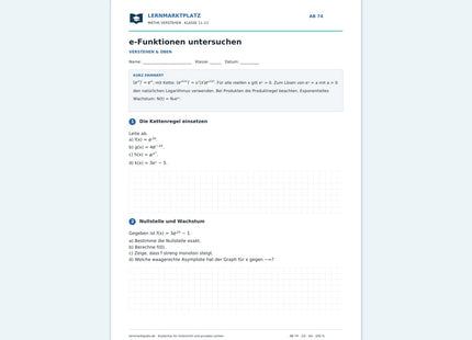 e-Funktionen untersuchen – Vorschau des kostenlosen Arbeitsblatts mit Lösungen für Klasse 11–13