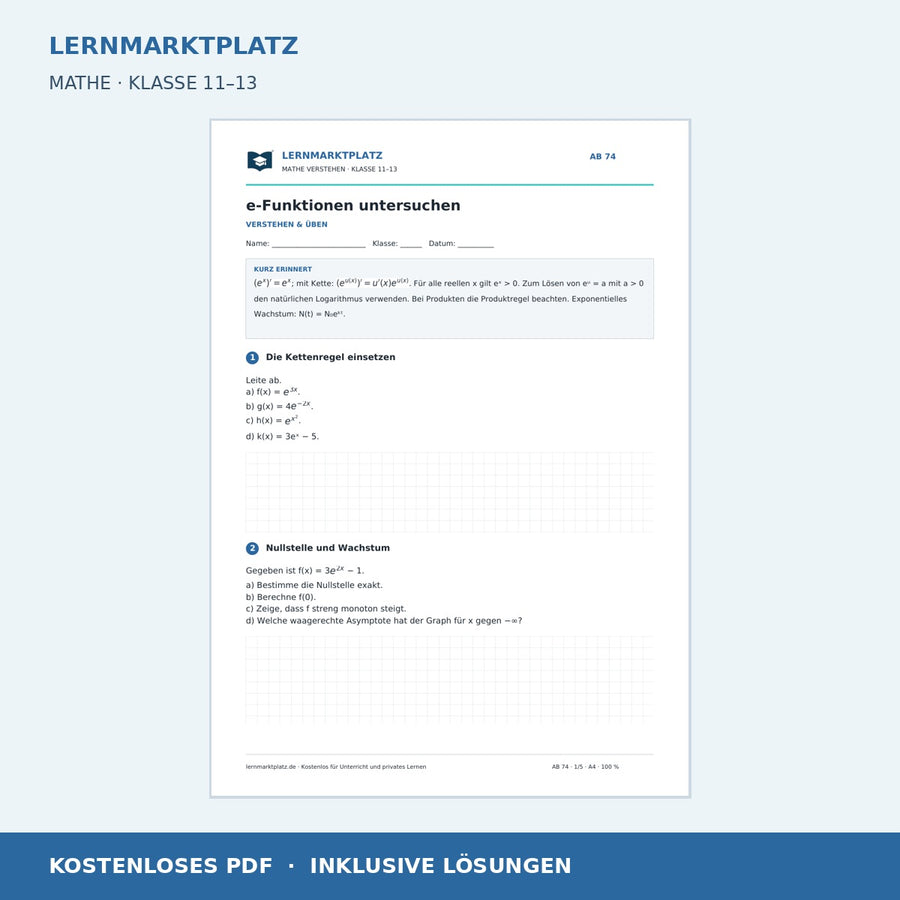 e-Funktionen untersuchen – Vorschau des kostenlosen Arbeitsblatts mit Lösungen für Klasse 11–13