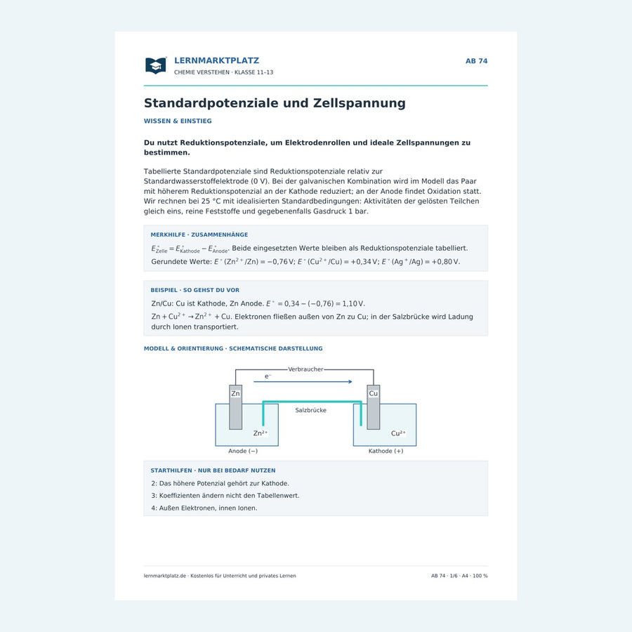 Standardpotenziale und Zellspannung – Vorschau des Arbeitsblatts