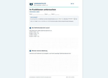 ln-Funktionen untersuchen – Vorschau des kostenlosen Arbeitsblatts mit Lösungen für Klasse 11–13