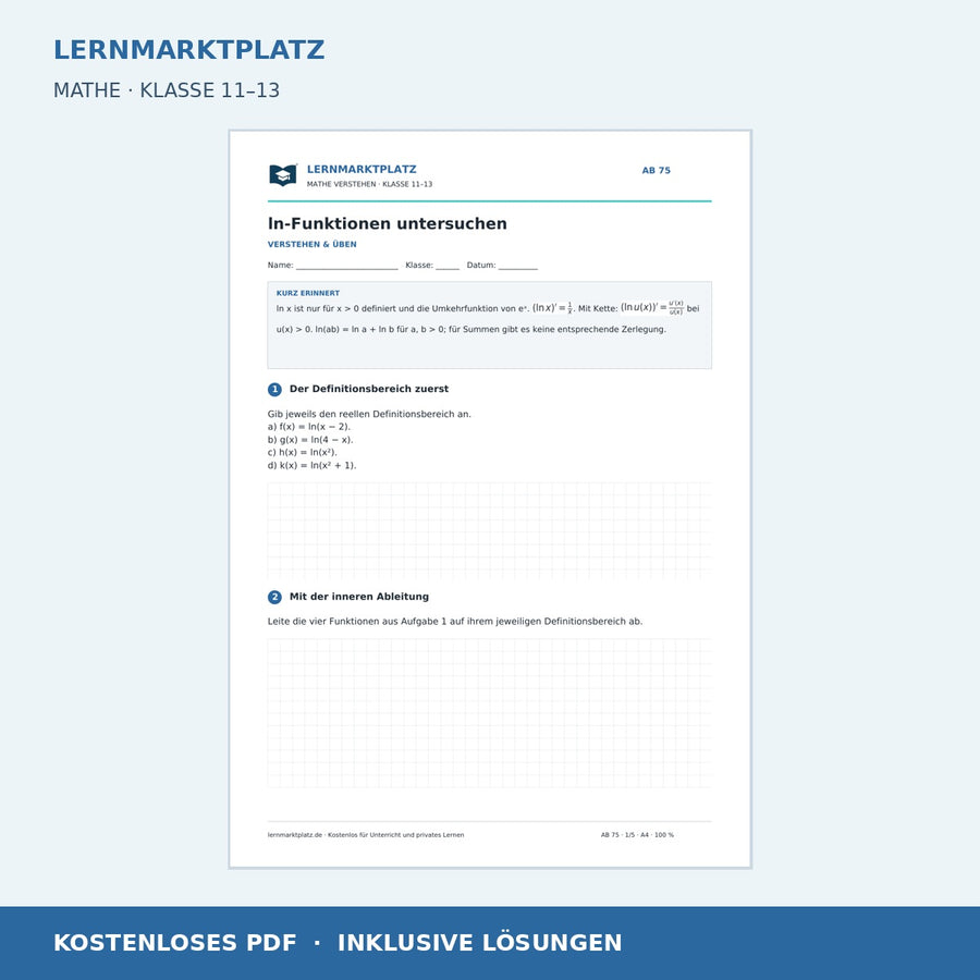 ln-Funktionen untersuchen – Vorschau des kostenlosen Arbeitsblatts mit Lösungen für Klasse 11–13