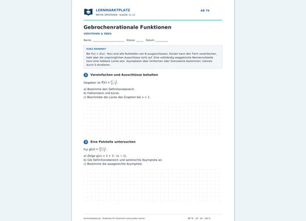 Gebrochenrationale Funktionen – Vorschau des kostenlosen Arbeitsblatts mit Lösungen für Klasse 11–13