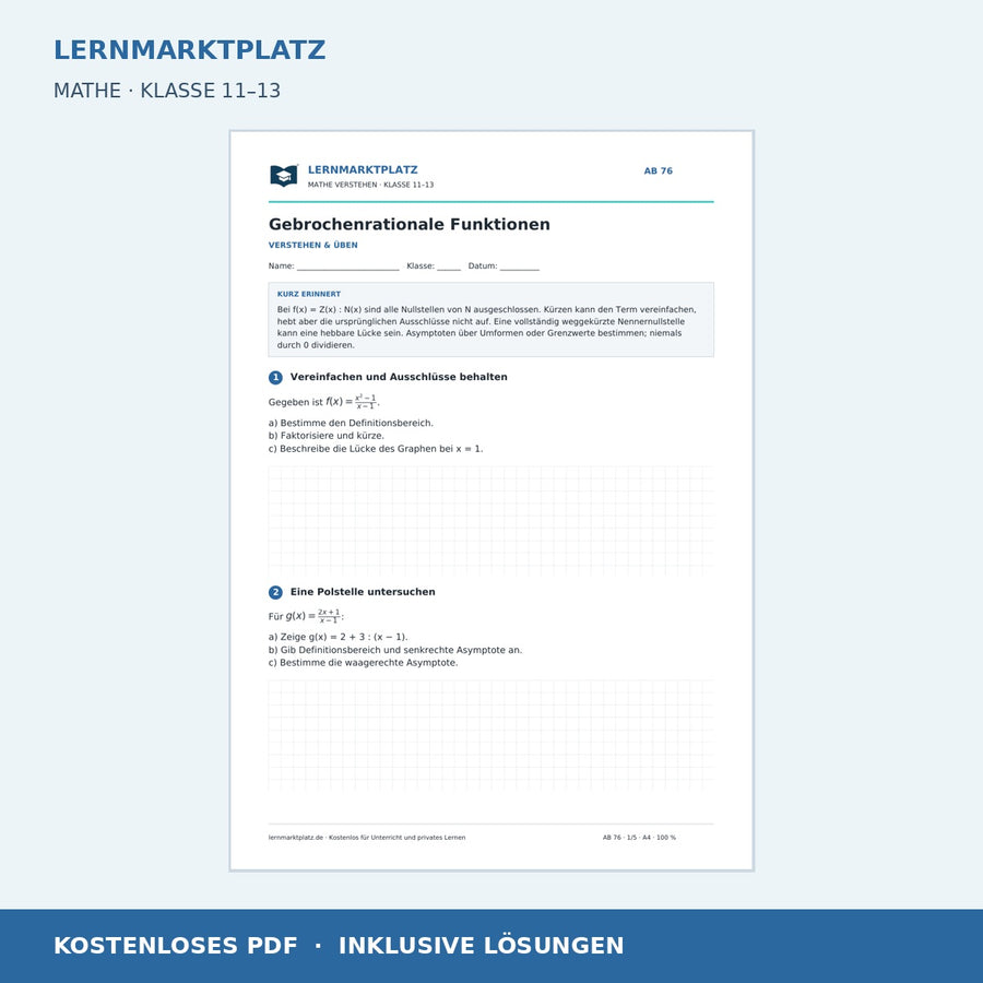 Gebrochenrationale Funktionen – Vorschau des kostenlosen Arbeitsblatts mit Lösungen für Klasse 11–13