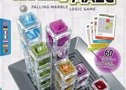 ThinkFun Gravity Maze – Verpackung mit transparenten Kugelbahn-Türmen