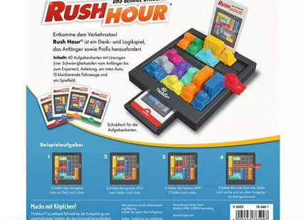 ThinkFun Rush Hour – Rückseite mit Spielbeschreibung und Beispielaufgaben