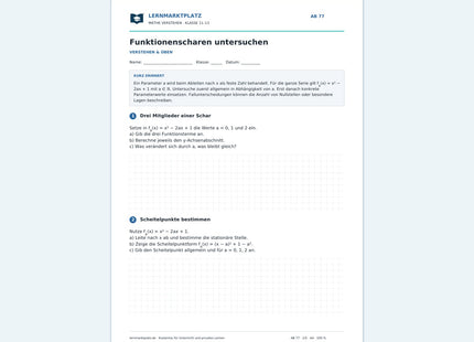 Funktionenscharen untersuchen – Vorschau des kostenlosen Arbeitsblatts mit Lösungen für Klasse 11–13