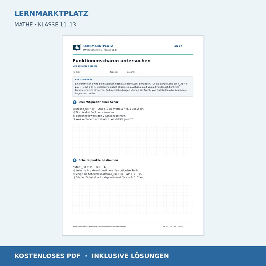 Funktionenscharen untersuchen – Vorschau des kostenlosen Arbeitsblatts mit Lösungen für Klasse 11–13
