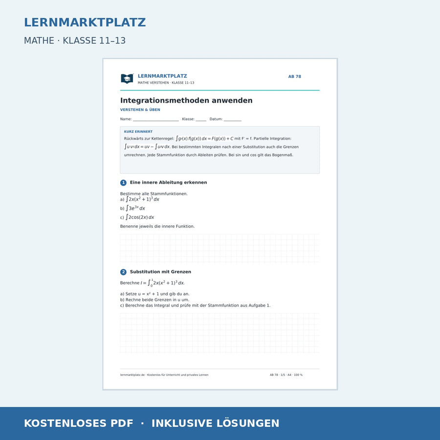 Integrationsmethoden anwenden – Vorschau des kostenlosen Arbeitsblatts mit Lösungen für Klasse 11–13
