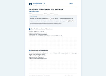 Integrale: Mittelwerte und Volumen – Vorschau des kostenlosen Arbeitsblatts mit Lösungen für Klasse 11–13