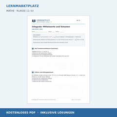 Integrale: Mittelwerte und Volumen – kostenloses Mathe-Arbeitsblatt mit Lösungen (PDF)