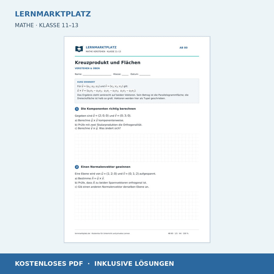 Kreuzprodukt und Flächen – kostenloses Arbeitsblatt mit Lösungen für Klasse 11–13