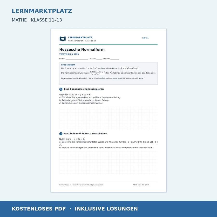Hessesche Normalform – kostenloses Arbeitsblatt mit Lösungen für Klasse 11–13