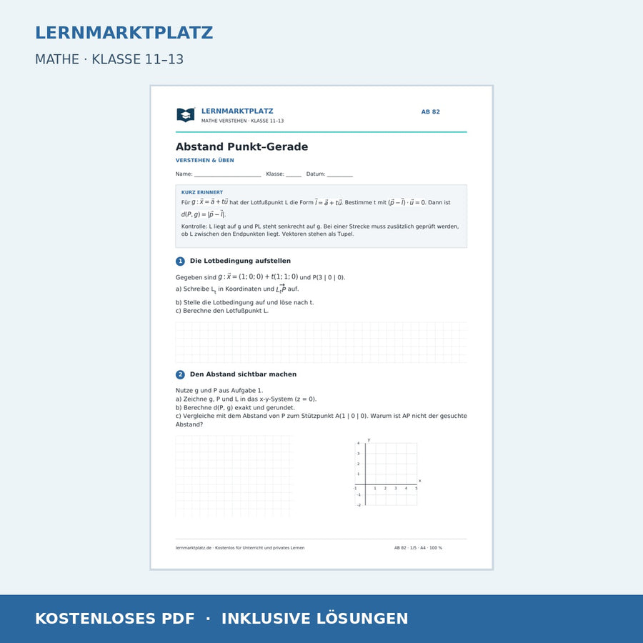 Abstand Punkt–Gerade – kostenloses Arbeitsblatt mit Lösungen für Klasse 11–13