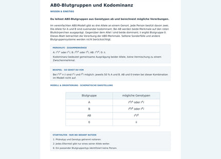 AB0-Blutgruppen und Kodominanz – Vorschau des Biologie-Arbeitsblatts