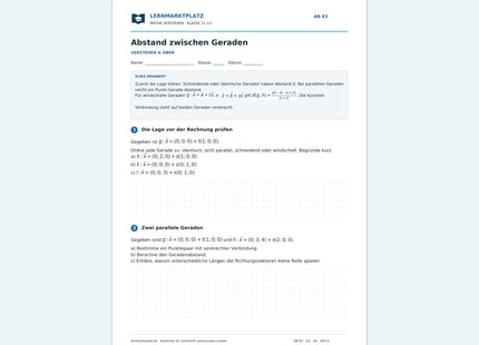 Abstand zwischen Geraden – kostenloses Arbeitsblatt mit Lösungen für Klasse 11–13