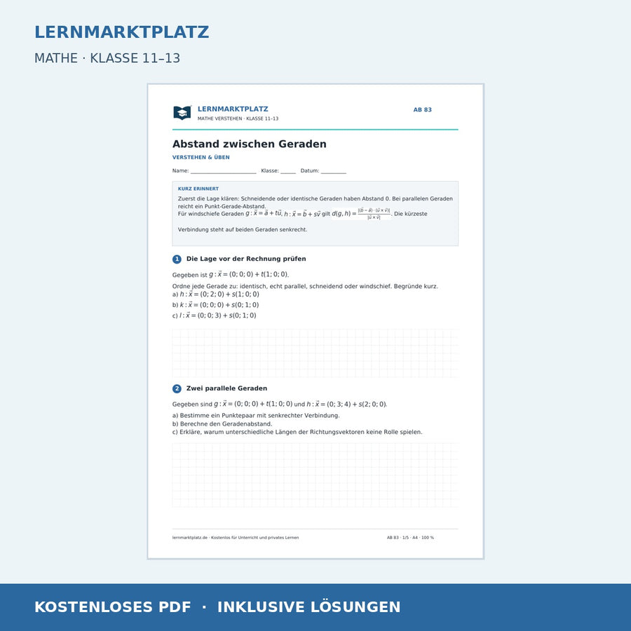 Abstand zwischen Geraden – kostenloses Arbeitsblatt mit Lösungen für Klasse 11–13