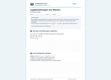 Lagebeziehungen von Ebenen – kostenloses Arbeitsblatt mit Lösungen für Klasse 11–13