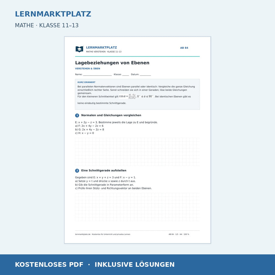 Lagebeziehungen von Ebenen – kostenloses Arbeitsblatt mit Lösungen für Klasse 11–13