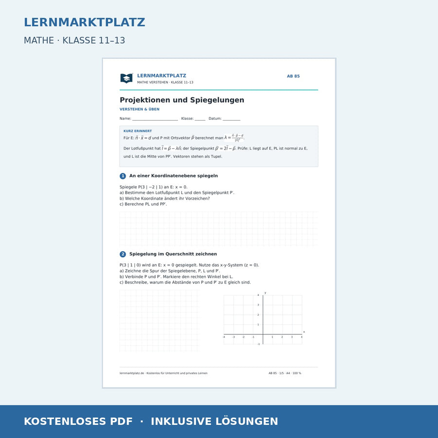 Projektionen und Spiegelungen – kostenloses Arbeitsblatt mit Lösungen für Klasse 11–13