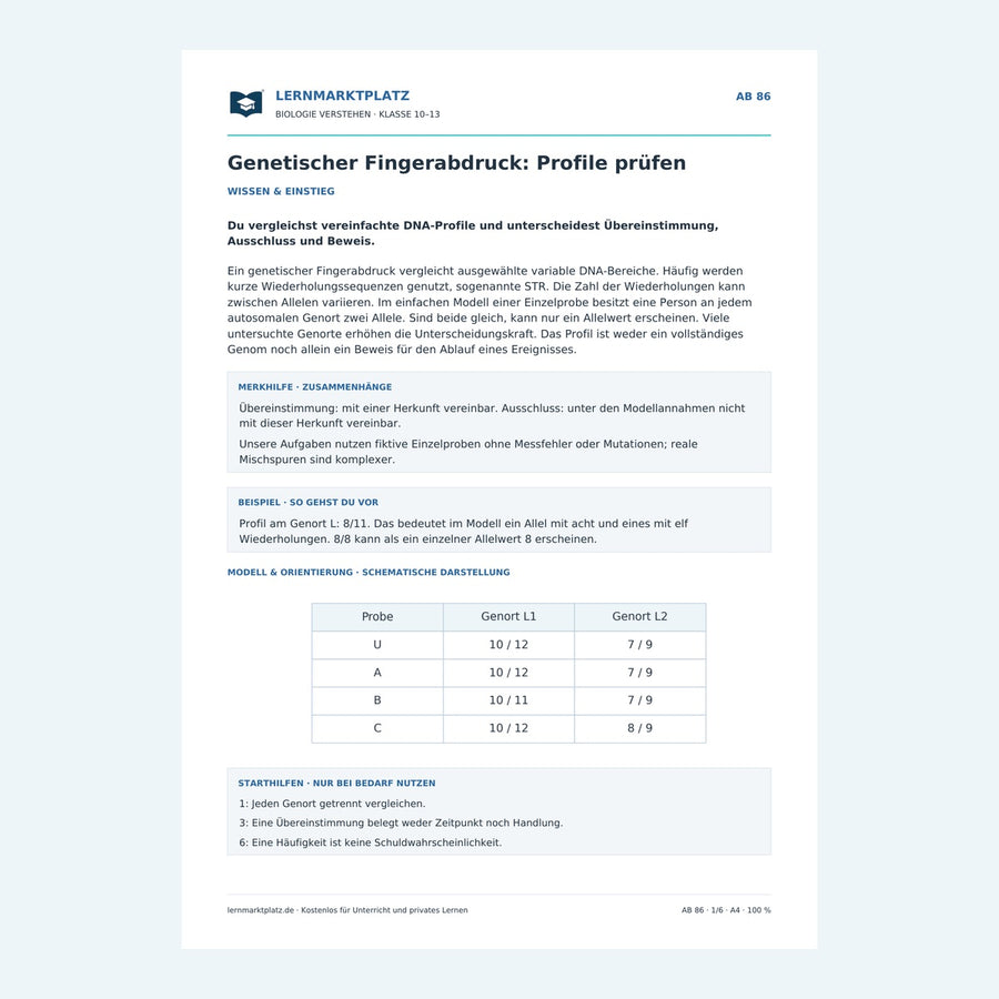 Genetischer Fingerabdruck: Profile prüfen – Vorschau des Biologie-Arbeitsblatts