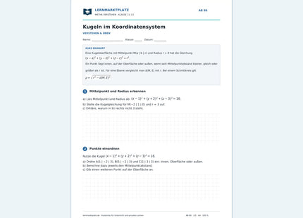 Kugeln im Koordinatensystem – kostenloses Arbeitsblatt mit Lösungen für Klasse 11–13