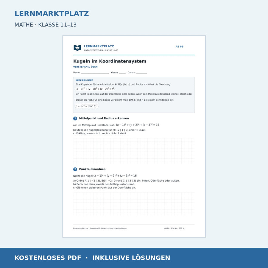 Kugeln im Koordinatensystem – kostenloses Arbeitsblatt mit Lösungen für Klasse 11–13
