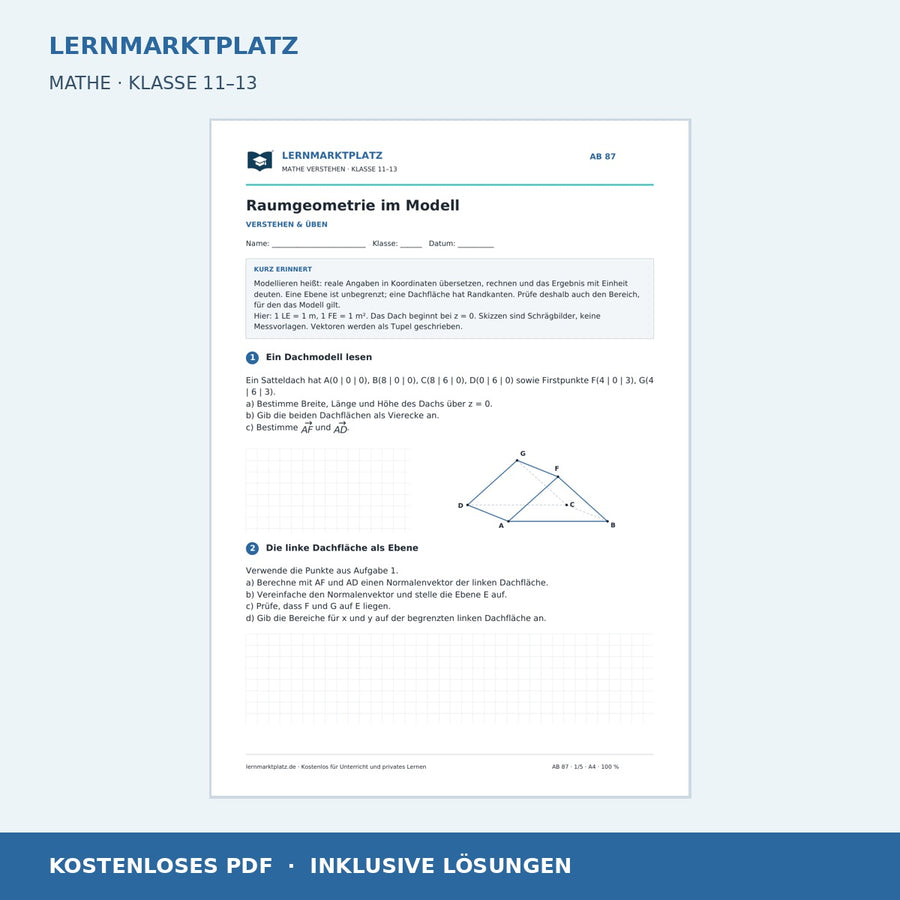 Raumgeometrie im Modell – kostenloses Arbeitsblatt mit Lösungen für Klasse 11–13