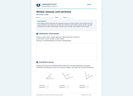 Winkel messen und zeichnen – kostenloses Mathe-Arbeitsblatt mit Lösungen (PDF)