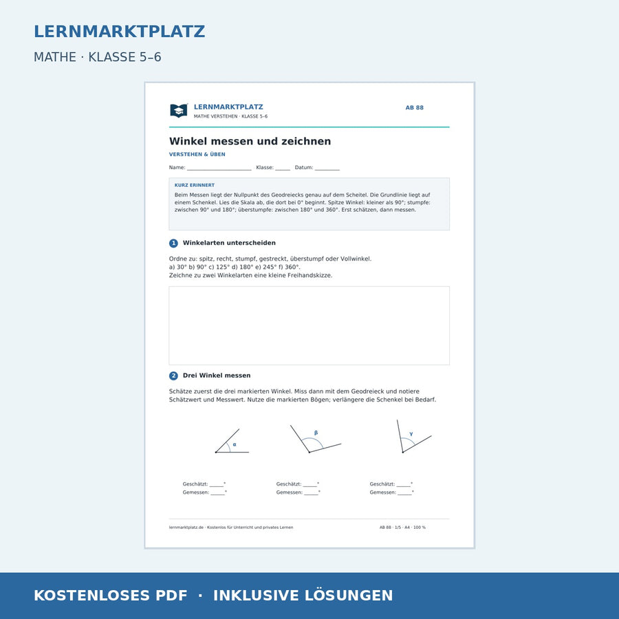 Winkel messen und zeichnen – kostenloses Mathe-Arbeitsblatt mit Lösungen (PDF)