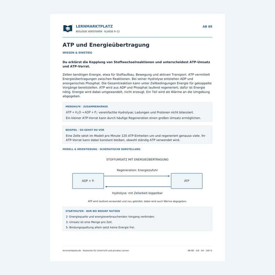 ATP und Energieübertragung – Vorschau des Biologie-Arbeitsblatts
