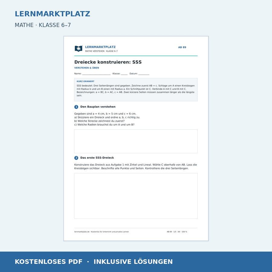 Dreiecke konstruieren: SSS – kostenloses Mathe-Arbeitsblatt mit Lösungen (PDF)