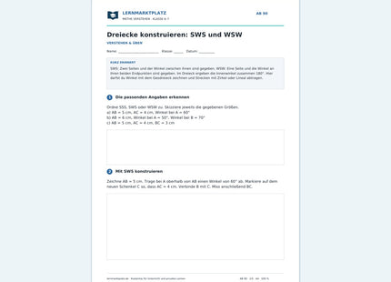 Dreiecke konstruieren: SWS und WSW – kostenloses Mathe-Arbeitsblatt mit Lösungen (PDF)