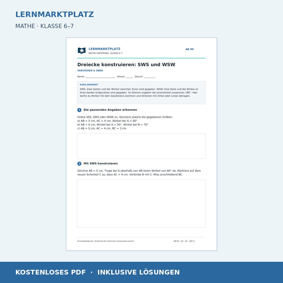 Dreiecke konstruieren: SWS und WSW – kostenloses Mathe-Arbeitsblatt mit Lösungen (PDF)