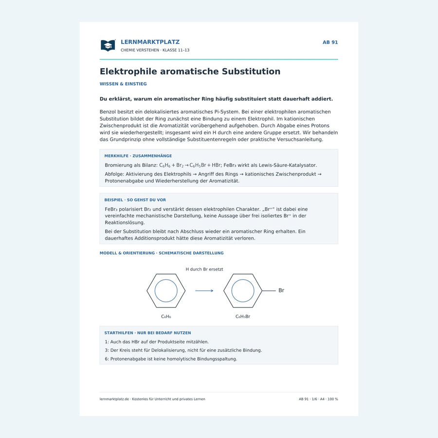 Elektrophile aromatische Substitution – Vorschau des Chemie-Arbeitsblatts