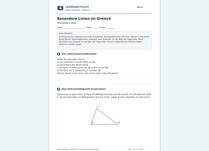 Besondere Linien im Dreieck – kostenloses Mathe-Arbeitsblatt mit Lösungen (PDF)