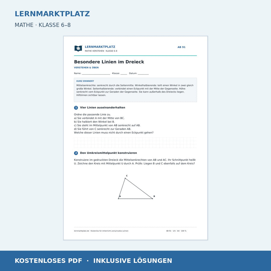Besondere Linien im Dreieck – kostenloses Mathe-Arbeitsblatt mit Lösungen (PDF)